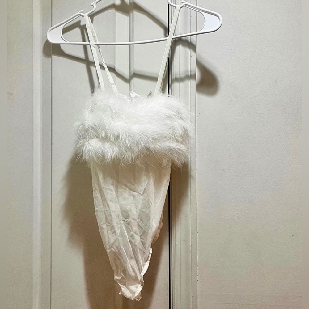 NWT Victoria's Secret Vintage Sexy White Mesh Bodysuit with Faux Feather Trim - Picture 1 of 15